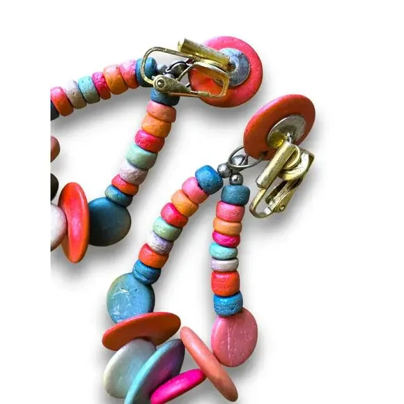 Vintage Double Strand Painted Wood Disc Necklace and Clip On Earring Set - Picture 9 of 9
